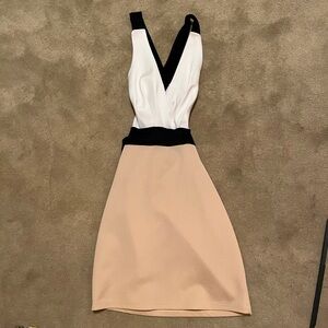 Foreign Exchange Black, White, and Tan Open Back Mini Dress